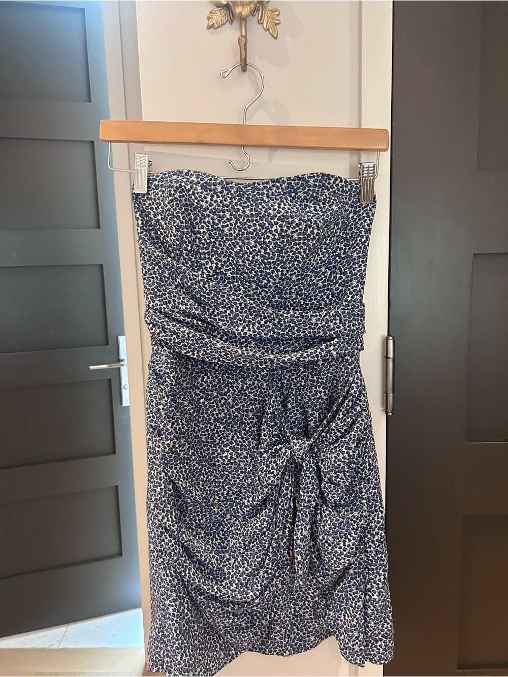 Club Monaco silk Strapless Blue Floral Ruched Midi Dress